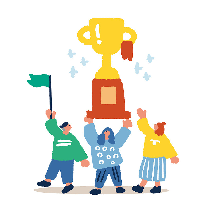 Simple, flat illustration of people holding up trophies