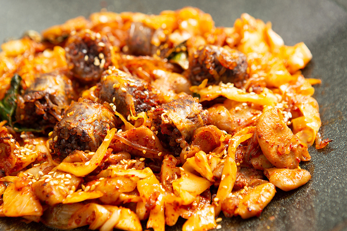 Korean Cuisine Stir-fried Hormon and Sundae (Korean-style stuffed intestines)