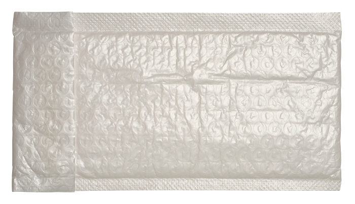 White plastic envelope with bubble wrap for correspondence on a white background, top view White plastic envelope with bubble wrap for correspondence on a white background, top view