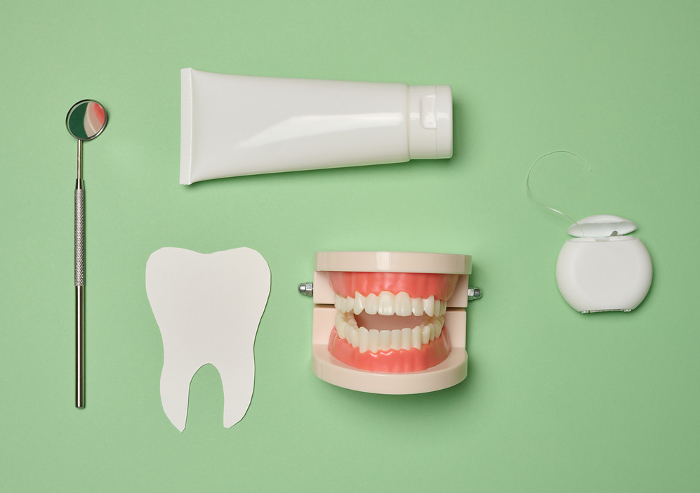 Model of a human jaw with white teeth, dental floss and toothpaste on a green background, top view. Oral hygiene Model of a human jaw with white teeth, dental floss and toothpaste on a green background, top view. Oral hygiene