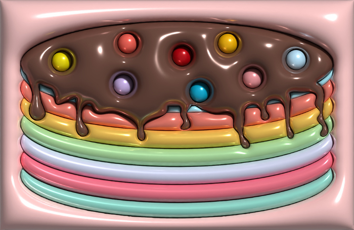 Cake with multi colored layers with melting chocolate on a pink background, 3D rendering illustration Cake with multi colored layers with melting chocolate on a pink background, 3D rendering illustration