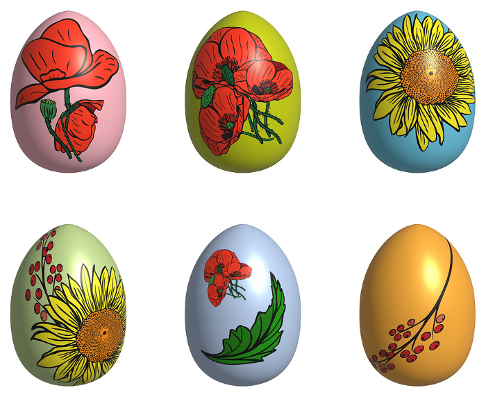 Colored eggs with floral print on isolated background, 3D rendering illustration Colored eggs with floral print on isolated background, 3D rendering illustration