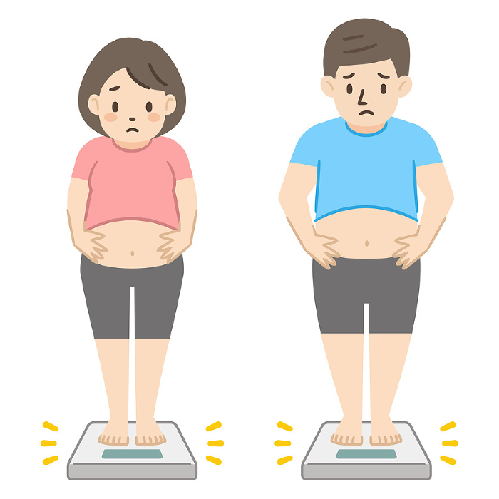 Clip art of obese man and woman getting on a scale