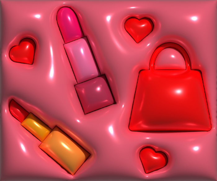 Red lipstick, heart and handbag on a pink background, 3D rendering illustration Red lipstick, heart and handbag on a pink background, 3D rendering illustration