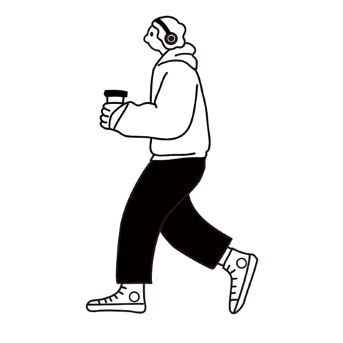 Line drawing vector of man walking with coffee