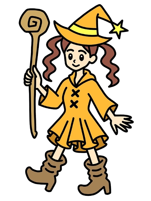 Witch girl wearing orange and holding a wand