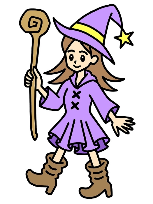 Witch girl dressed in purple and holding a wand