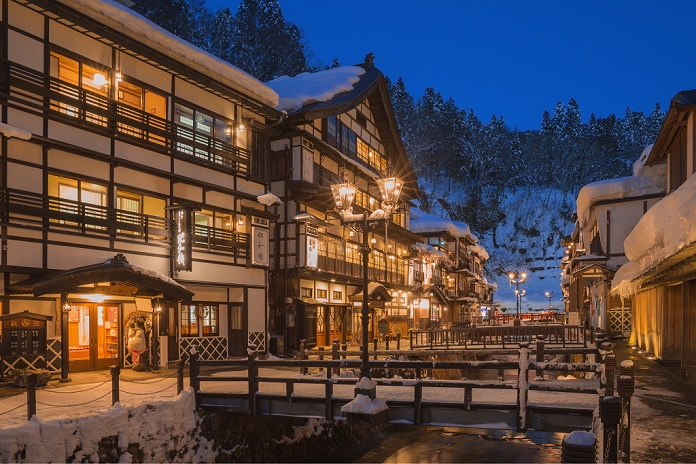 An evening view of snowy Ginzan Onsen, Yamagata Prefecture