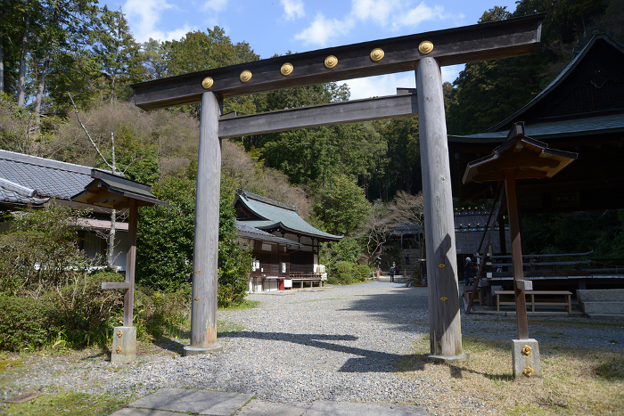 Torii at the entrance to the grounds of Hyuga Grand Shrine Hinooka, Yamashina-ku, Kyoto