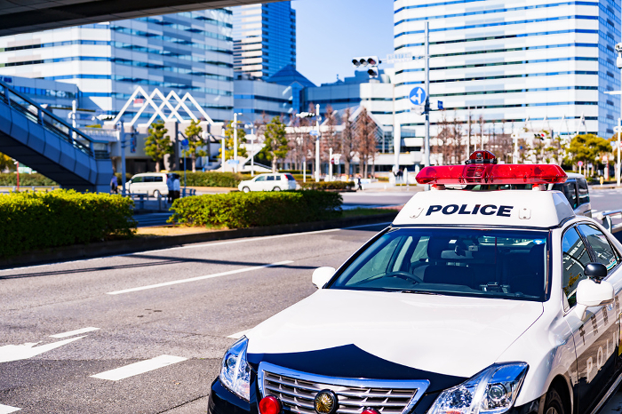 Police car and cityscape.