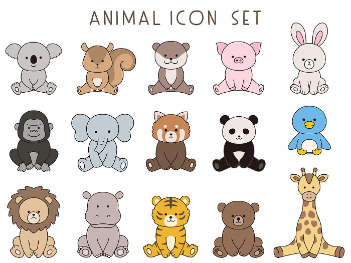 Vector illustration set of animals sitting. Icons, zoo, sitting