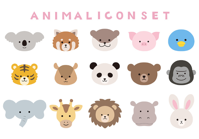 Vector illustration set of cute animal faces. Icons, zoo