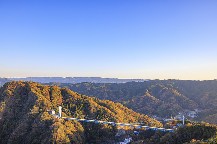 A view of the Ryujin Suspension Bridge from the Akaiwa Observatory, Hitachiota City, Ibaraki Prefecture