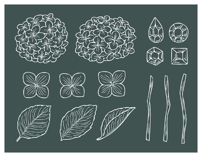 Hydrangea and Jewel White Line Drawing White Line Drawing Parts Illustration Set