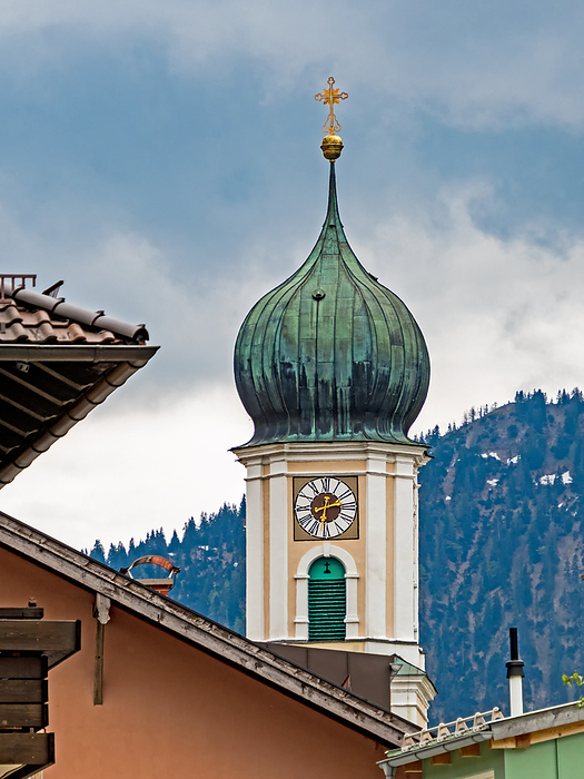 Tower of the Catholic Parish Church of St. Peter and Paul in Oberammergau, Bavaria, Germany Tower of the Catholic Parish Church of St. Peter and Paul in Oberammergau, Bavaria, Germany, by Zoonar Katrin May