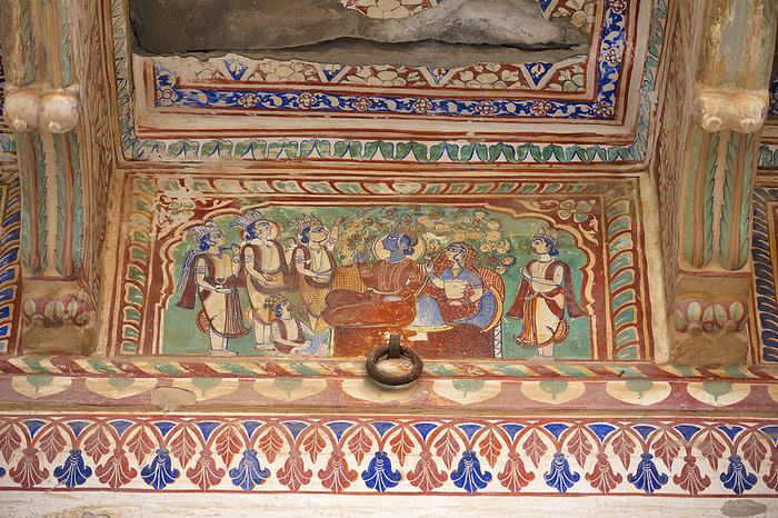 Colourful mythological paintings on the inner wall of Mahansar Castle built around 1768 A.D. In 2003 this castle converted in to a heritage hotel called Narayan Niwas Castle Fort Heritage Hotel. Mahansar, Shekhawati, Rajasthan, India Colourful mythological paintings on the inner wall of Mahansar Castle built around 1768 A.D. In 2003 this castle converted in to a heritage hotel called Narayan Niwas Castle Fort Heritage Hotel. Mahansar, Shekhawati, Rajasthan, India, by Zoonar RealityImages