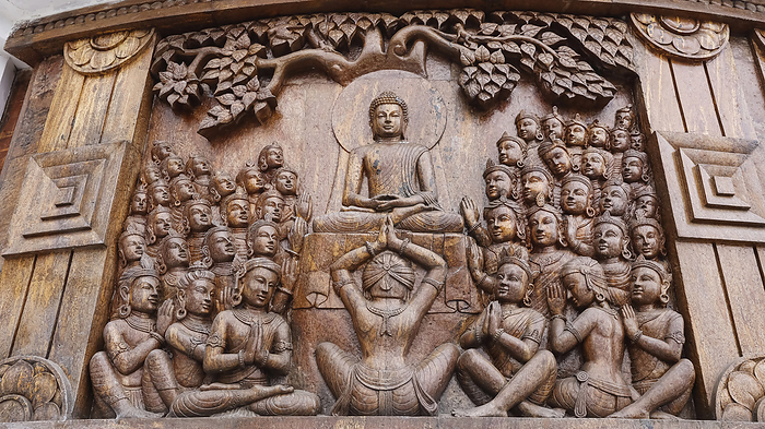 Carving of God Exhorting Buddha to Preach the Dharma on Buddha Peace Pagoda in Darjeeling, West Bengal, India. Carving of God Exhorting Buddha to Preach the Dharma on Buddha Peace Pagoda in Darjeeling, West Bengal, India., by Zoonar RealityImages
