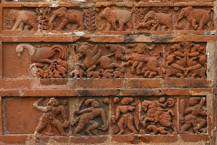 Ancient Human Life and Animals Depicting on the Jor Bangla Temple, West Bengal, India. Ancient Human Life and Animals Depicting on the Jor Bangla Temple, West Bengal, India., by Zoonar RealityImages