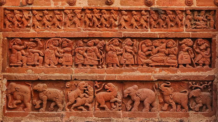 Carvings of  Ancient Human Life and Animals on the Jor Bangla Temple, Bishnupur, West Bengal, India. Carvings of  Ancient Human Life and Animals on the Jor Bangla Temple, Bishnupur, West Bengal, India., by Zoonar RealityImages