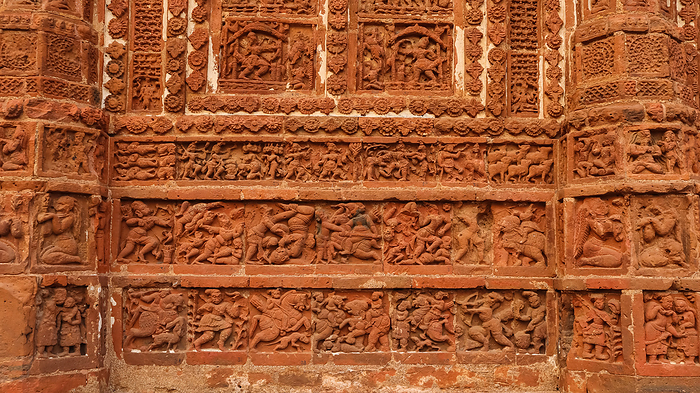 War Scenes and ancient Human Life Carvings on the Jor Bangla Temple, Bishnupur, West Bengal, India. War Scenes and ancient Human Life Carvings on the Jor Bangla Temple, Bishnupur, West Bengal, India., by Zoonar RealityImages