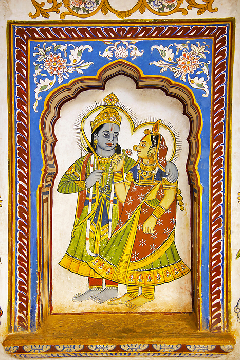 Colorful mythological painting on the inner wall of Dr. Ramnath Podar Haveli Museum, decorated with painted murals, located in Nawalgarh, Rajasthan, India Colorful mythological painting on the inner wall of Dr. Ramnath Podar Haveli Museum, decorated with painted murals, located in Nawalgarh, Rajasthan, India, by Zoonar RealityImages