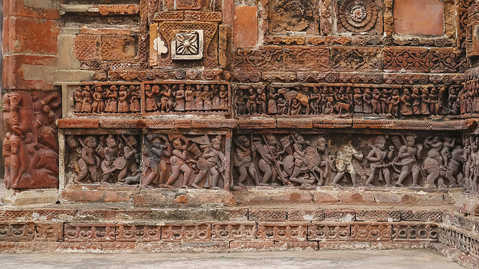 Carvings of war Scenes on the Lalji Temple, Kalna, West Bengal, India. Carvings of war Scenes on the Lalji Temple, Kalna, West Bengal, India., by Zoonar RealityImages