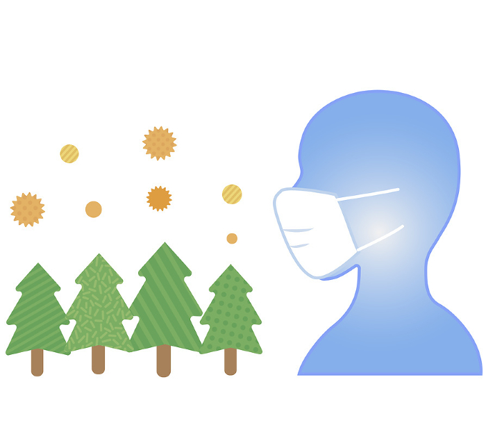 Silhouette illustration of flying pollen and a person wearing a mask for prevention