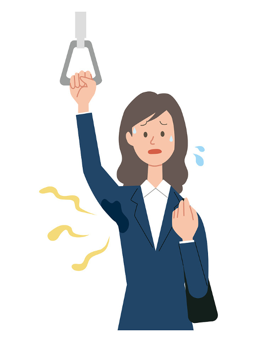 Clip art of businesswoman concerned about sweat stains and odor on armpits