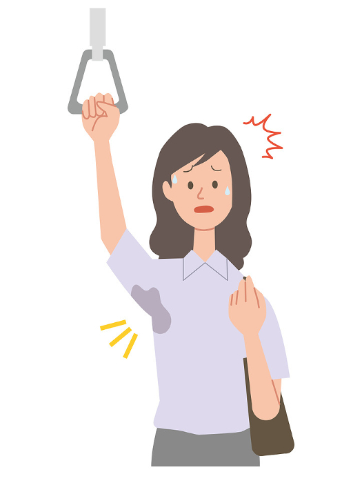 Clip art of businesswoman noticing sweat stain on armpit