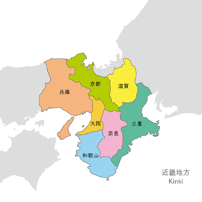 Colorful map of the Kinki region, Kinki province, with Japanese prefecture names.