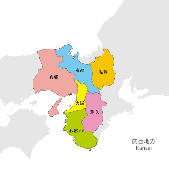 Colorful map of the Kansai region, Japan, with names of prefectures in Japanese