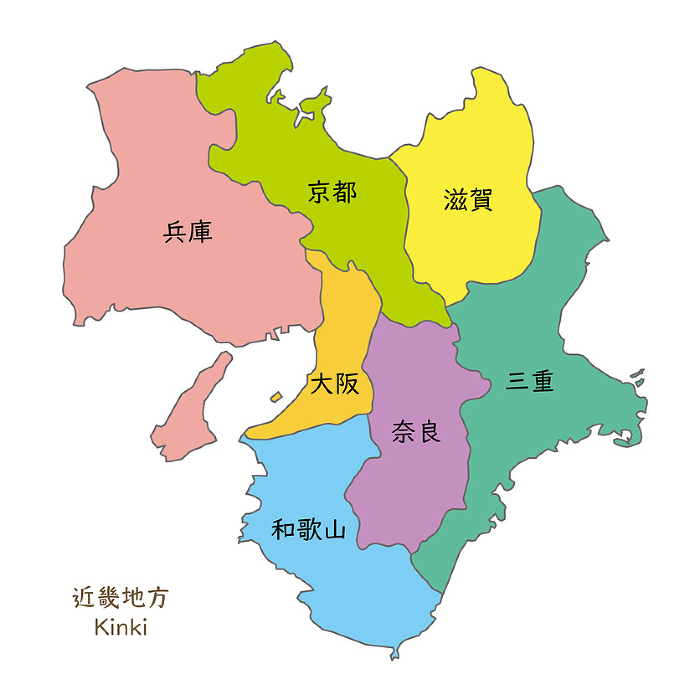 Map of each prefecture in the Kinki region, with icons and names of prefectures in Japanese