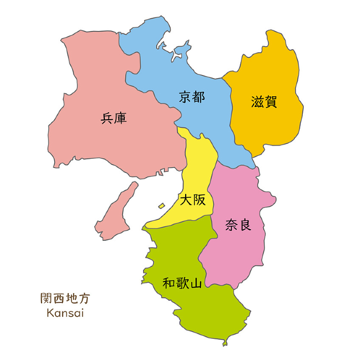 Map of the prefectures in the Kansai region, with icons and names of prefectures in Japanese