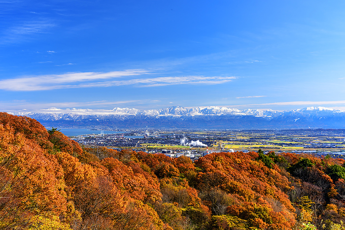 Tateyama Federation and Toyama Bay from Nijo-san in autumn foliage