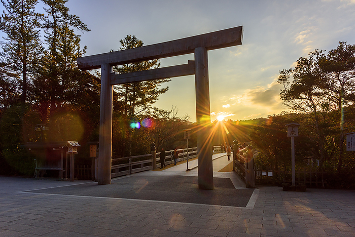 Ujibashi Bridge and Torii Gate in the rising sun, Ise Jingu Shrine, Mie Pref.