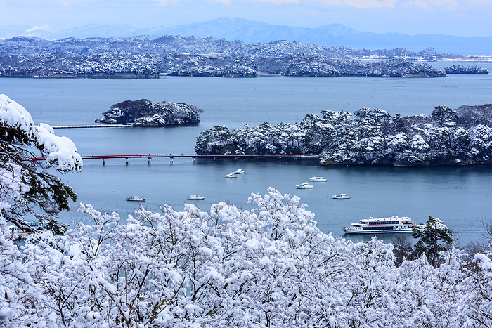 Miyagi Prefecture, Japan: Sightseeing Boat and Matsushima in the Snow at Saigyoshi-no-Matsushima Pine Park