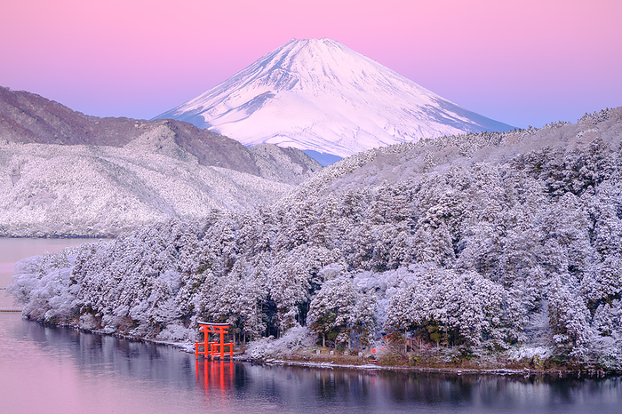 Fuji at dawn from snowy Hakone, Kanagawa Prefecture