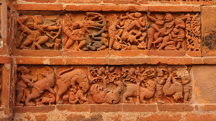 Animal Hunting carvings on the Jor Bangla Temple, Bishnupur, West Bengal, India. Animal Hunting carvings on the Jor Bangla Temple, Bishnupur, West Bengal, India., by Zoonar RealityImages