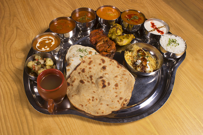 Mutton Thali with vegetables, rice and rotis Mutton Thali with vegetables, rice and rotis, by Zoonar RealityImages