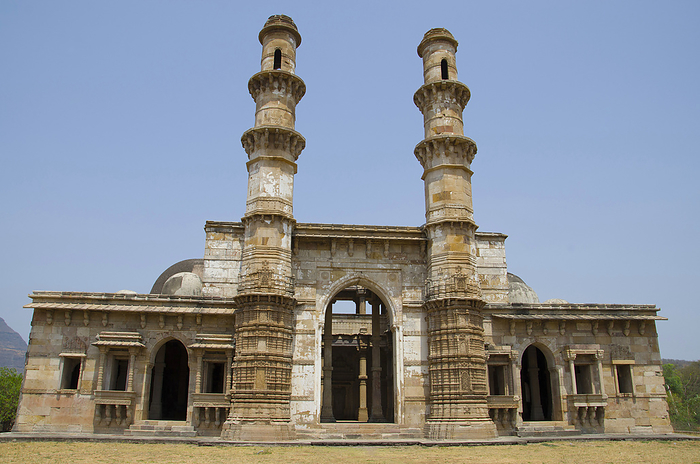 Outer view of Kevada Masjid  Mosque , has minarets, globe like domes and narrow stairs, Built during the time of Mahmud Begada. UNESCO protected Champaner   Pavagadh Archaeological Park, Gujarat, India Outer view of Kevada Masjid  Mosque , has minarets, globe like domes and narrow stairs, Built during the time of Mahmud Begada. UNESCO protected Champaner   Pavagadh Archaeological Park, Gujarat, India, by Zoonar RealityImages