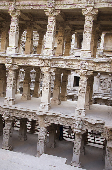 Carved idols on the inner wall and pillars of Rani ki vav, an intricately constructed stepwell on the banks of Saraswati River. Memorial to an 11th century AD King Bhimdev I. Built as inverted Vishnu temple with seven levels of stairs and holds more than  Carved idols on the inner wall and pillars of Rani ki vav, an intricately constructed stepwell on the banks of Saraswati River. Memorial to an 11th century AD King Bhimdev I. Built as inverted Vishnu temple with seven levels of stairs and holds more than, by Zoonar RealityImages