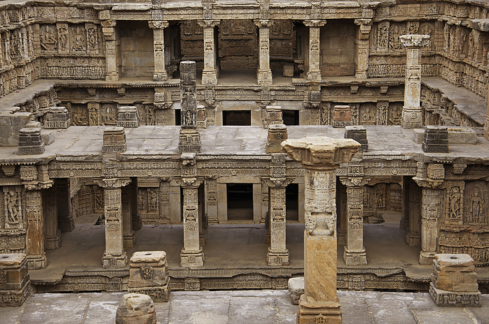 Carved idols on the inner wall and pillars of Rani ki vav, an intricately constructed stepwell on the banks of Saraswati River. Memorial to an 11th century AD King Bhimdev I. Built as inverted Vishnu temple with seven levels of stairs and holds more than  Carved idols on the inner wall and pillars of Rani ki vav, an intricately constructed stepwell on the banks of Saraswati River. Memorial to an 11th century AD King Bhimdev I. Built as inverted Vishnu temple with seven levels of stairs and holds more than, by Zoonar RealityImages