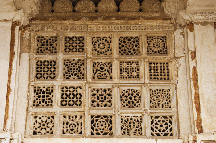 Carved jali on the outer wall of Sarkhej Roza, mosque and tomb complex. Makarba, Ahmedabad, Gujarat, India Carved jali on the outer wall of Sarkhej Roza, mosque and tomb complex. Makarba, Ahmedabad, Gujarat, India, by Zoonar RealityImages