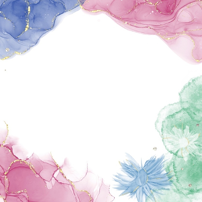 (Alcohol Ink Art Square Background Template) Pink and blue waves with light blue flowers and gold decoration