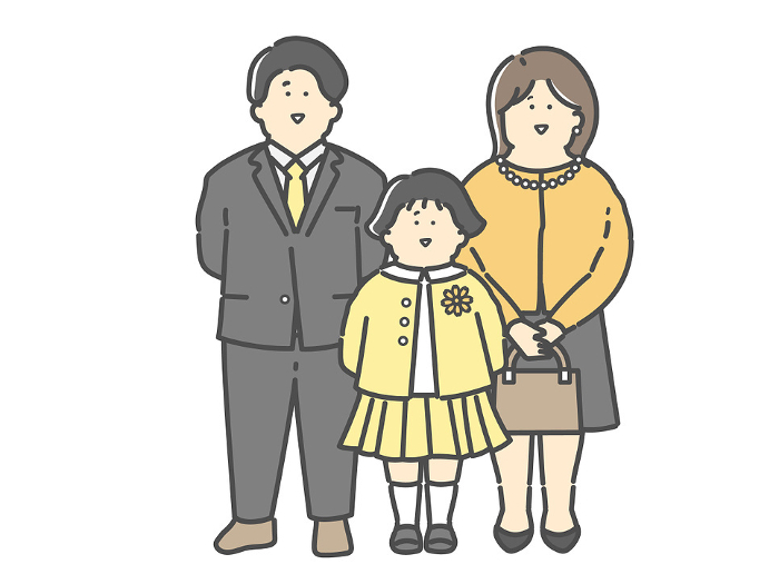 Family illustration of a young couple and their children in formal attire (entrance ceremony, graduation ceremony)