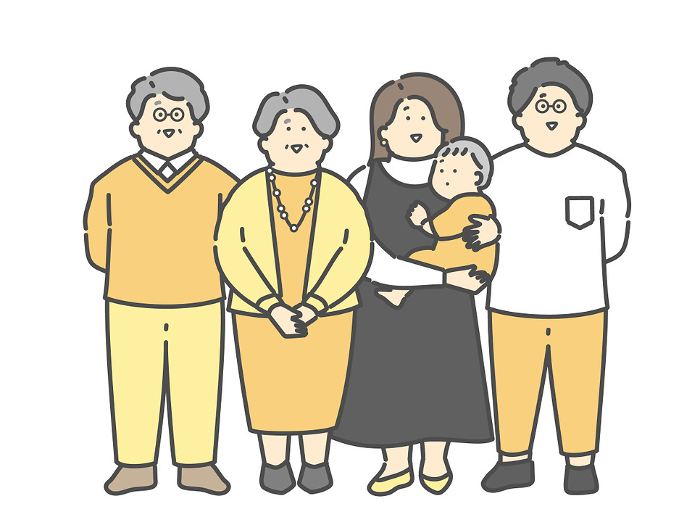 Full body illustration of a three-generation family