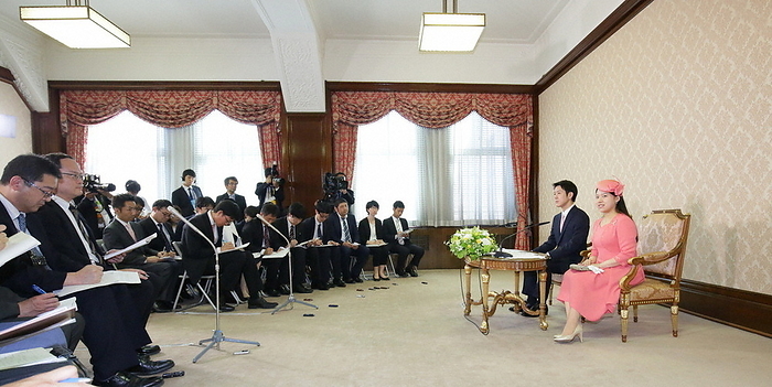 Ayako, the third daughter of Prince Takamado, and Toshi Moriya at a press conference after their engagement was finalized. Ayako, the third daughter of Prince Takamado, and Toshi Moriya hold a press conference after their engagement was finalized, at the Imperial Household Agency on July 2, 2018  Representative Photo 