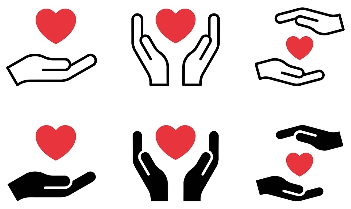 Vector illustration set of hands of various shapes and heart symbols