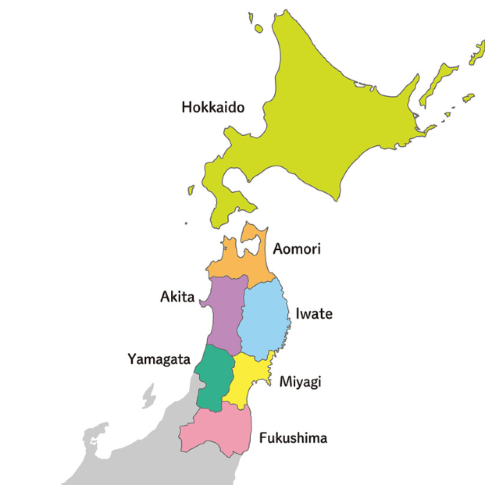 Map of Hokkaido and Tohoku prefectures, colorful and bright, with English prefecture names