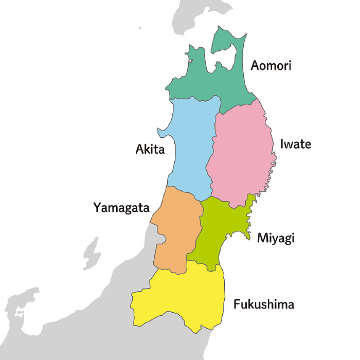 Colorful map of the Tohoku region, northeastern Japan, with English prefecture names